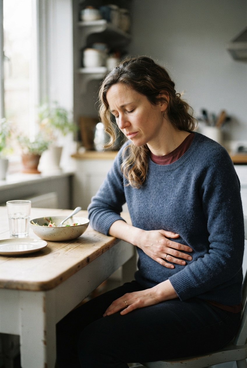 Woman seated at a kitchen table holds her lower abdomen beside a bowl of food and a glass of water.